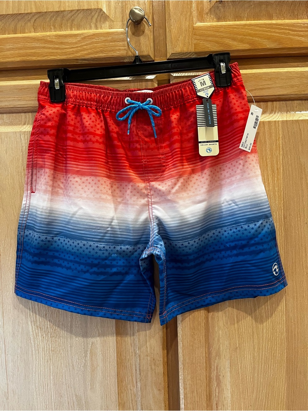 Ocean Current Men’s Red White Blue Ombre Swim Trunks with Drawstring